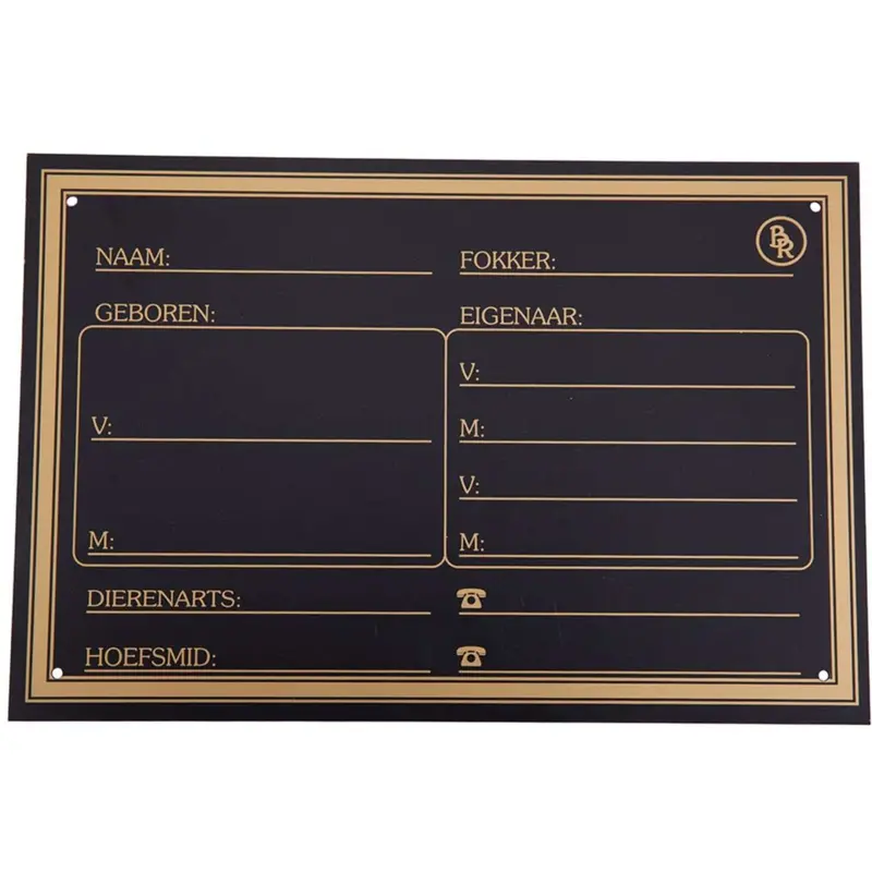 Br Black-Base Gold-Overlay Plastic Stable Nameplate 1