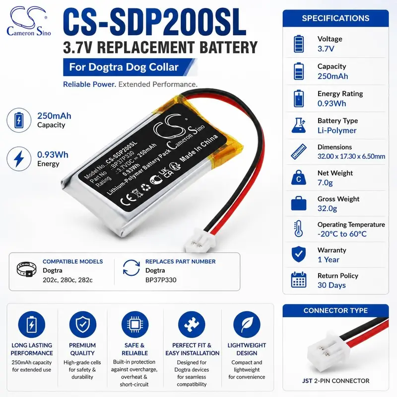 Dogtra Bp37P330 Collar Battery – 3.7V Li-Polymer, 250Mah, Fits 202C, 280C, And Other Dogtra Models 1
