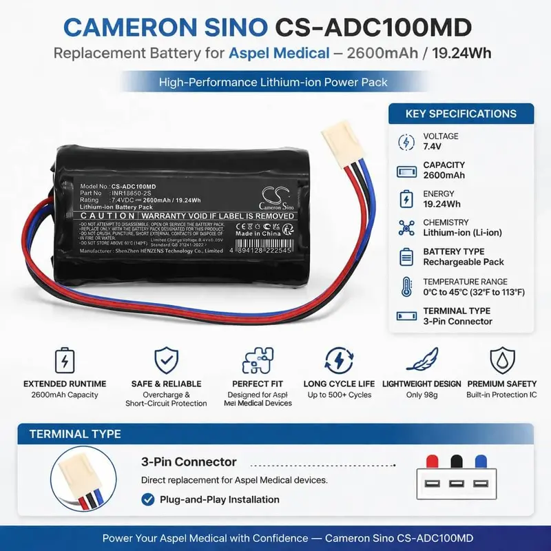Medical Ecg Device Battery – 7.4V Li-Ion, 2600Mah, 19.24Wh For Aspel, Inr18650-2S, M-Trace, And Ascard Systems 1