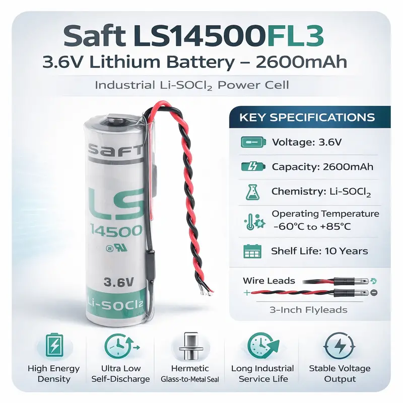 Saft Ls14500 Aa-Size Lithium Primary Battery – 3.6V 2600Mah With 3-Inch Fly Leads 1