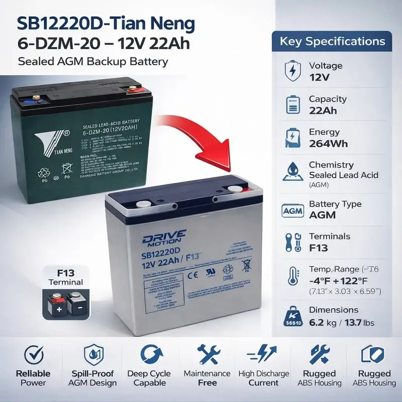 Tian Neng 6-Dzm-20 Replacement Battery – 12V, 20Ah With F13 Terminals 1